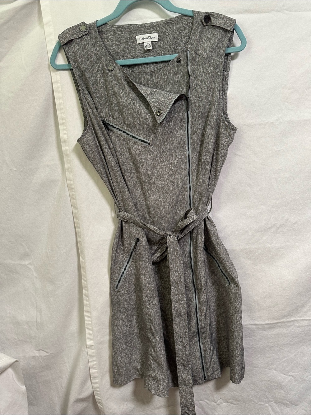 Calvin Klein Heather Gray Sleeveless Zip-Front Belted Dress
